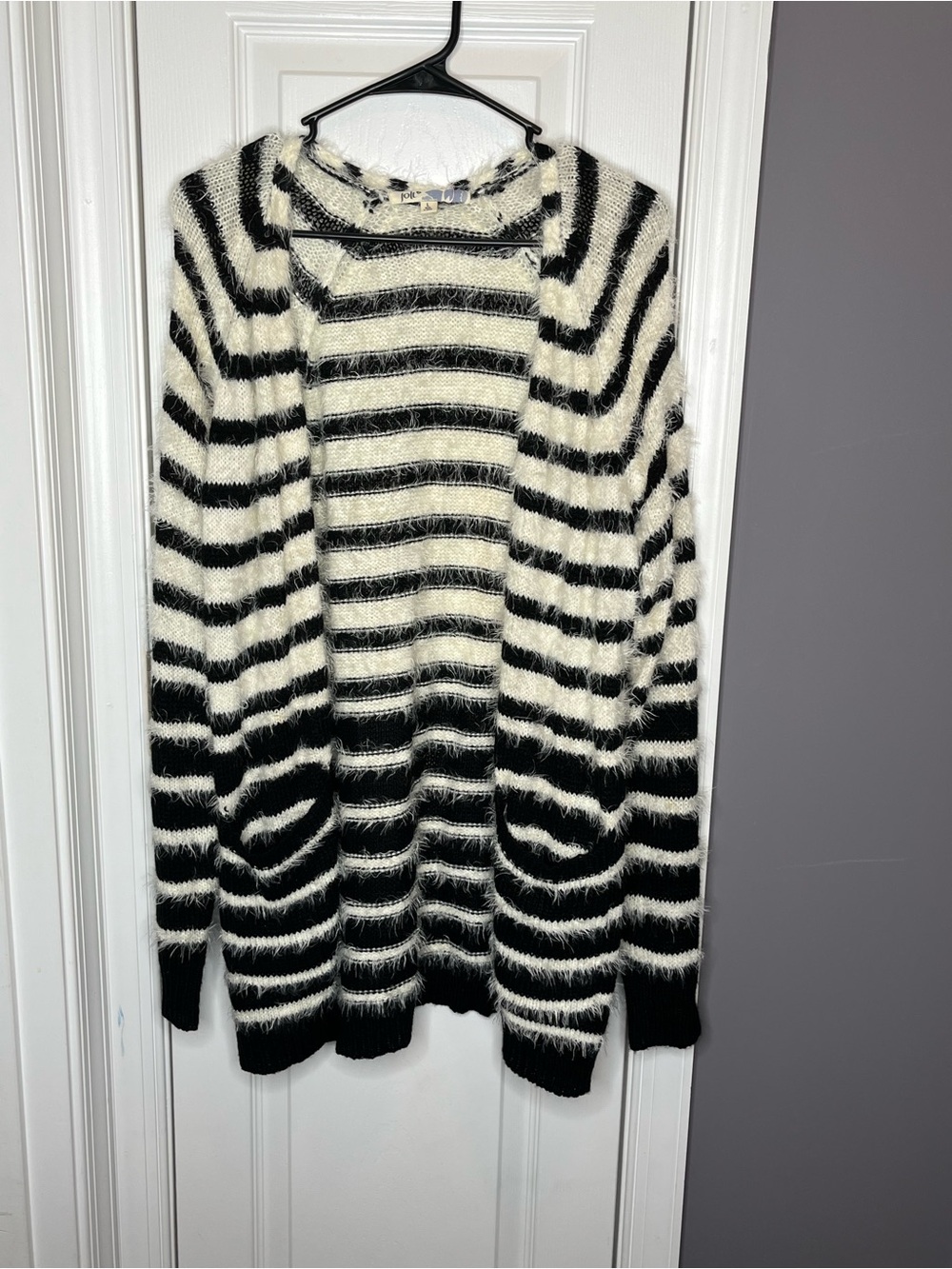 Jolt Black and White Striped Fuzzy Cardigan